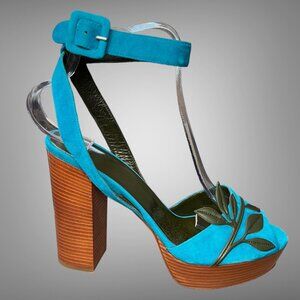 Hermes Macumba Turquoise Suede Platform Sandal Pumps Shoes EU 39.5 Heels